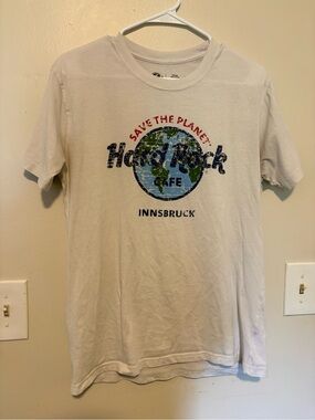 Hard Rock Cafe White T-Shirt with Red and Blue Graphic